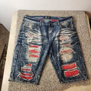 Distressed Blue and Red Jean Shorts